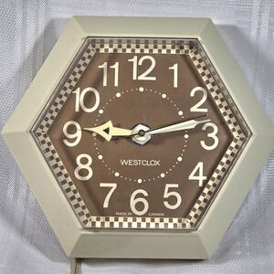 0VTG Westclox Hexagon Electric Wall Clock Canada Cream/Brown 1970s